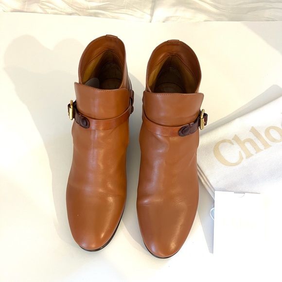 Chloe camel tan saddle wedge bootie boot leather brown buckles 39 9 auto card - Picture 4 of 9